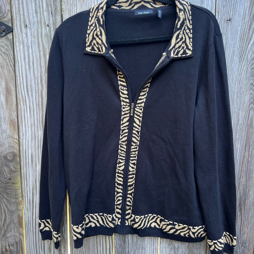 VICE VERSA Full Zip Cardigan Cotton Blend Animal Print Women’s Sweater Large